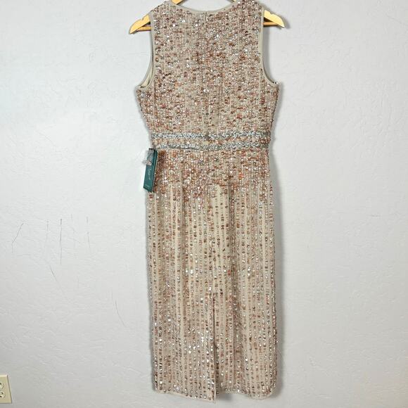 Mac Duggal NWT Size 6 Nude High Neck Embellished Belt Dress Wedding 10509 $298 - Picture 3 of 16
